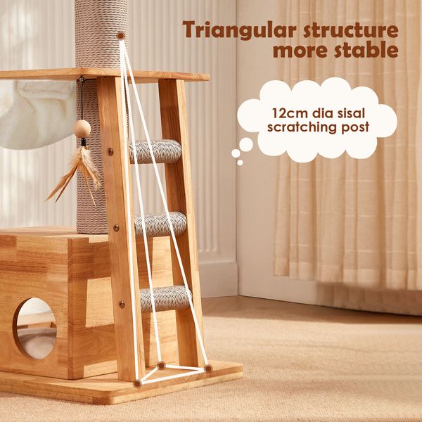 Cat Tree Hammock Condo Wooden Tower Sisal Scratching Post Stand Dangling Toy Feather Climbing Ladder Play Gym Pet Furniture Cushion 94cm Tall