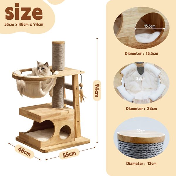 Cat Tree Hammock Condo Wooden Tower Sisal Scratching Post Stand Dangling Toy Feather Climbing Ladder Play Gym Pet Furniture Cushion 94cm Tall