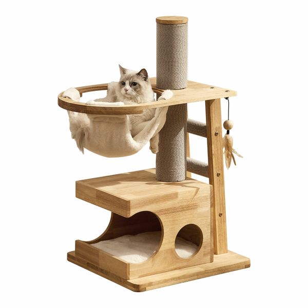 Cat Tree Hammock Condo Wooden Tower Sisal Scratching Post Stand Dangling Toy Feather Climbing Ladder Play Gym Pet Furniture Cushion 94cm Tall