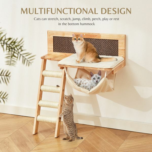 Wood Cat Bed Wall Mounted Climbing Shelf Kitten Scratcher Scratching Post Board Tower Tree Ladder Hammock Soft Cushion Mat Climber Pet Furniture