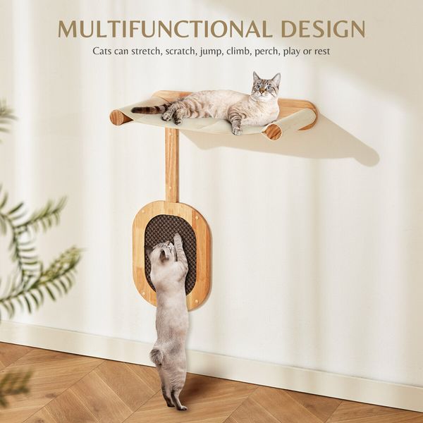 Cat Bed Kitten Scratching Post Perch Wall Mounted Climbing Shelf Scratcher Board Hammock Tree Pad Pet Play Gym Furniture Wood Climber