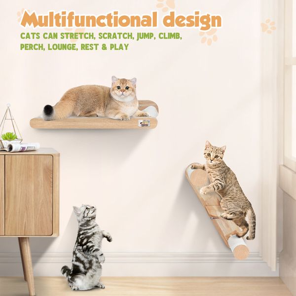 Wood Cat Bed Shelf Stair Wall Mounted Hammock Scratching Post Platform Perch Climbing Board Kitten Furniture Hanging Climber Play Gym