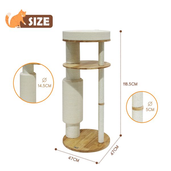 3-Level Cat Tree Perch Scratching Post Climbing Tower Sisal Scratcher Play Gym Wooden Pet House Furniture 118.5cm