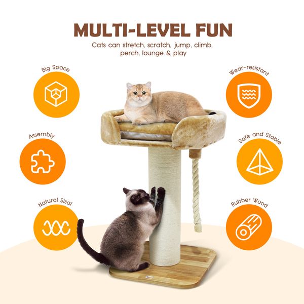 Cat Scratching Post Perch Bed Kitten Climbing Tower Tree Play Gym Scratcher Wooden Pet Furniture House Stand Dangling Sisal Rope 98cm Tall