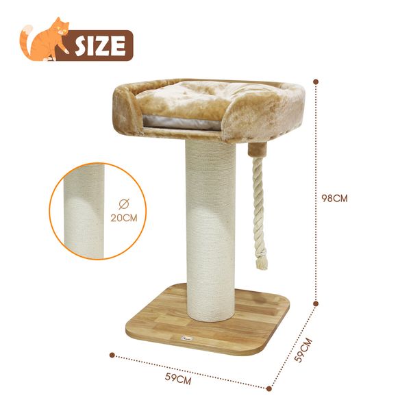 Cat Scratching Post Perch Bed Kitten Climbing Tower Tree Play Gym Scratcher Wooden Pet Furniture House Stand Dangling Sisal Rope 98cm Tall