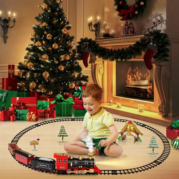 Train Set,Train Toys for Boys Girls w/Smokes,Lights & Sound,Tracks,Toy Train w/Steam Locomotive Engine,Cargo Cars & Tracks,Christmas Train Toys Gifts for Kids