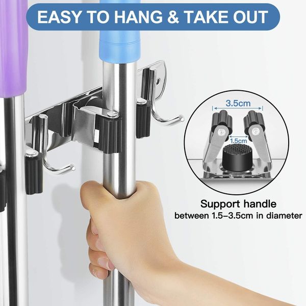 Mop Broom Holder Wall Mount, Laundry Organizer Storage Tool Wall Hanging with 5 Racks 4 Hooks Stainless Steel Tool Hanger for Home Kitchen