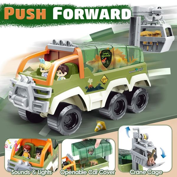 Dinosaur Transport Truck Toy Car Set Carrier Toy Vehicle Car with Light and Sounds Playset for Ages 4+