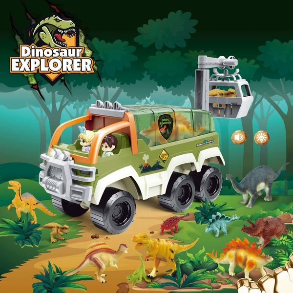 Dinosaur Transport Truck Toy Car Set Carrier Toy Vehicle Car with Light and Sounds Playset for Ages 4+