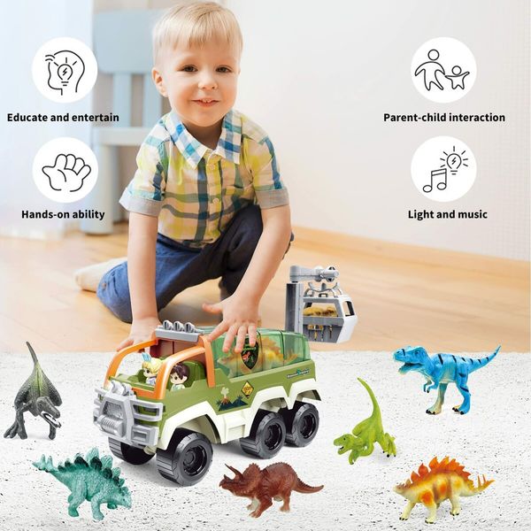 Dinosaur Transport Truck Toy Car Set Carrier Toy Vehicle Car with Light and Sounds Playset for Ages 4+