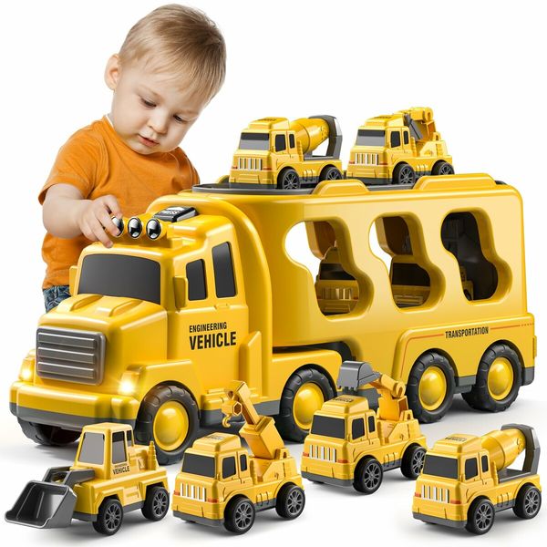 5pcs Cars Toys Toddlers Boys Girls Gift Trailer  Transport Truck Pull Back Trucks, Carrier Steering Construction Truck Carrier