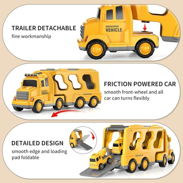 5pcs Cars Toys Toddlers Boys Girls Gift Trailer  Transport Truck Pull Back Trucks, Carrier Steering Construction Truck Carrier