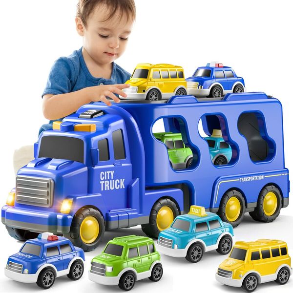 5pcs Cars Toys Toddlers Boys Girls Gift Trailer  Transport Truck Pull Back Trucks, Carrier Steering Construction Truck Carrier