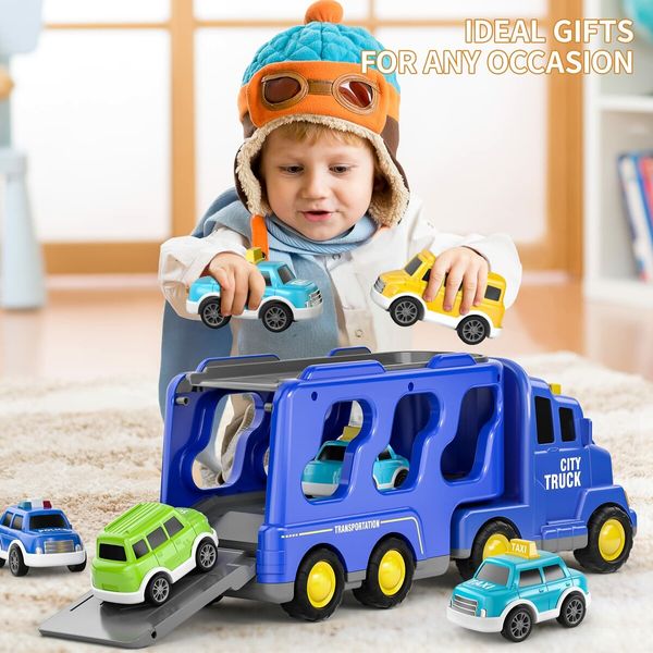 5pcs Cars Toys Toddlers Boys Girls Gift Trailer  Transport Truck Pull Back Trucks, Carrier Steering Construction Truck Carrier