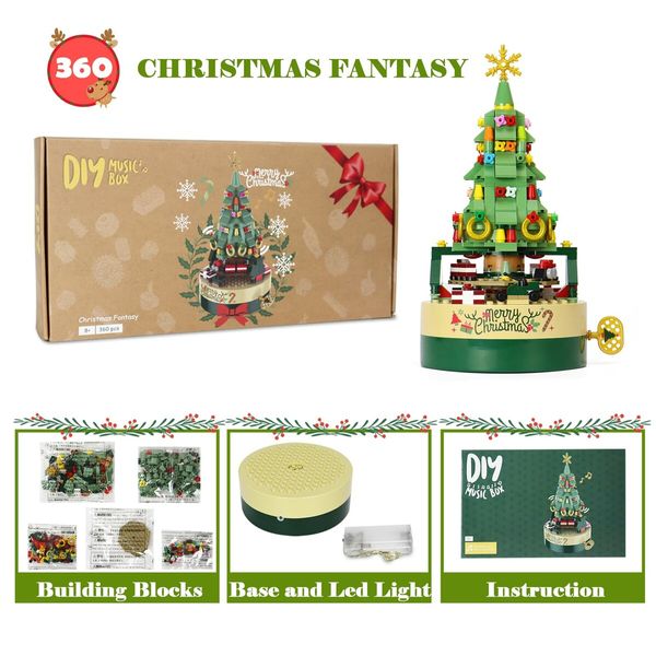 Christmas Tree Building Blocks Set for Kids - DIY Christmas Music Box,Christmas Building Blocks Music Box with Led Lighting, for Boys and Girls