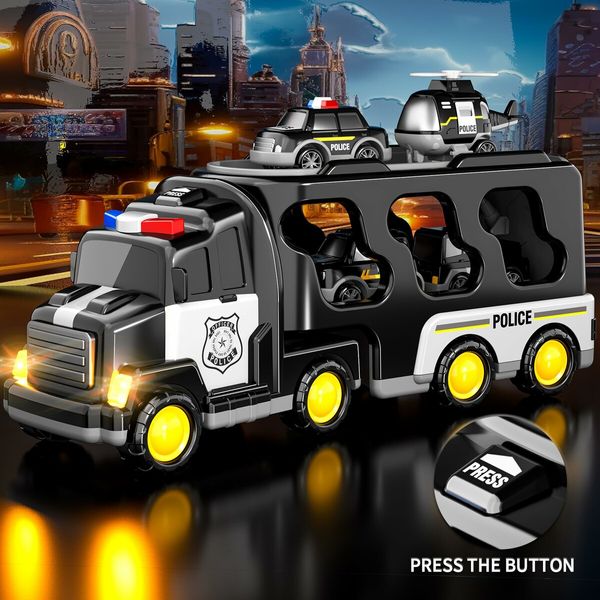 TEMI Police Truck Toys 7-in-1 Friction Power Emergency Vehicle Police Car Toy Carrier Truck Toys for Kids Ages 3+