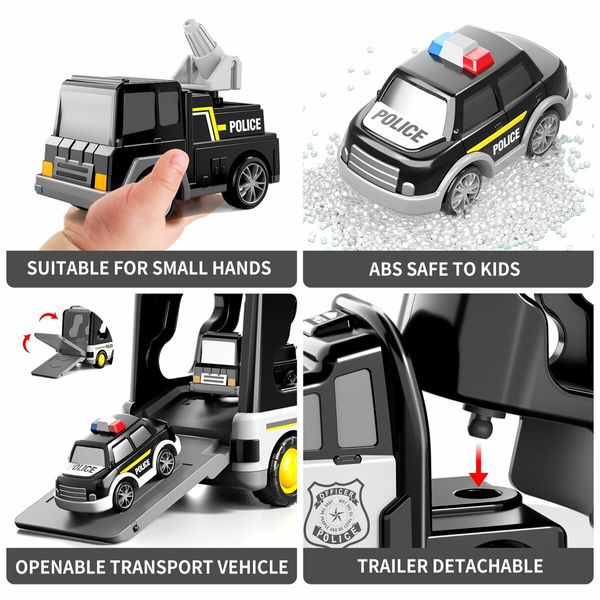 TEMI Police Truck Toys 7-in-1 Friction Power Emergency Vehicle Police Car Toy Carrier Truck Toys for Kids Ages 3+