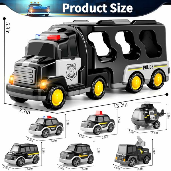 TEMI Police Truck Toys 7-in-1 Friction Power Emergency Vehicle Police Car Toy Carrier Truck Toys for Kids Ages 3+