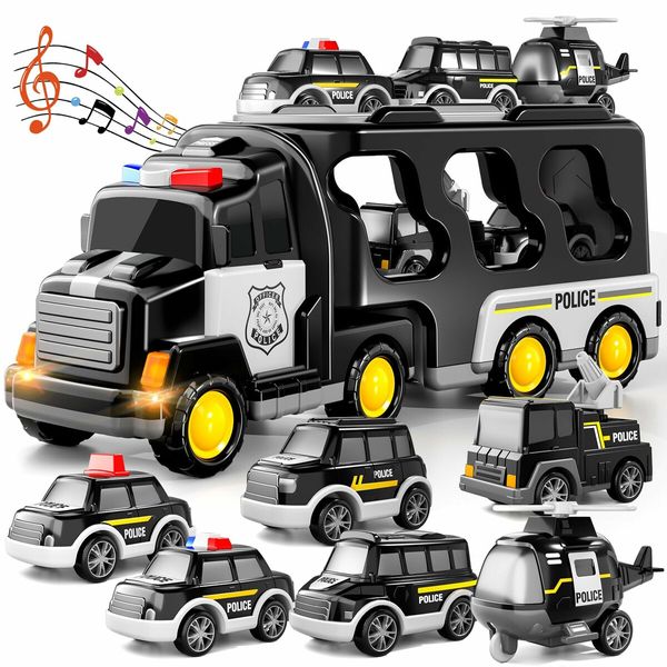 TEMI Police Truck Toys 7-in-1 Friction Power Emergency Vehicle Police Car Toy Carrier Truck Toys for Kids Ages 3+