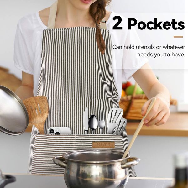 2 Pack Kitchen Cooking Aprons,Adjustable Bib Soft Chef Apron with 2 Pockets for Men Women (Black/Brown Stripes)