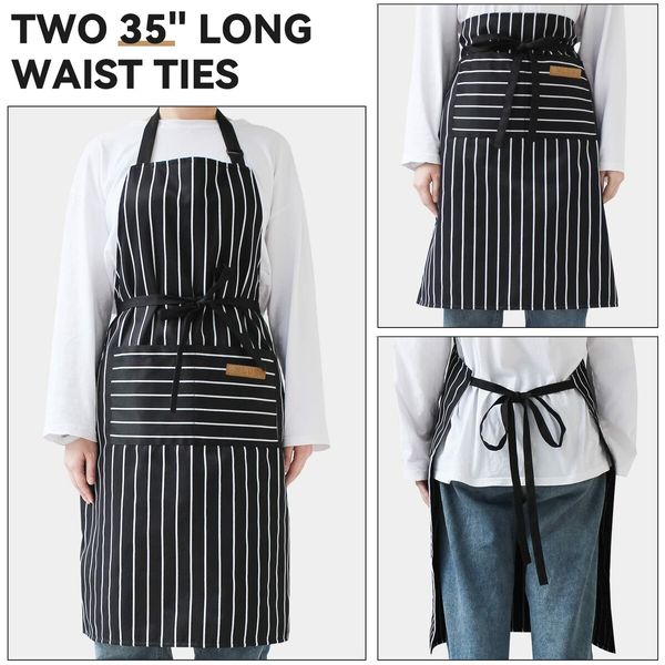 2 Pack Kitchen Cooking Aprons,Adjustable Bib Soft Chef Apron with 2 Pockets for Men Women (Black/Brown Stripes)