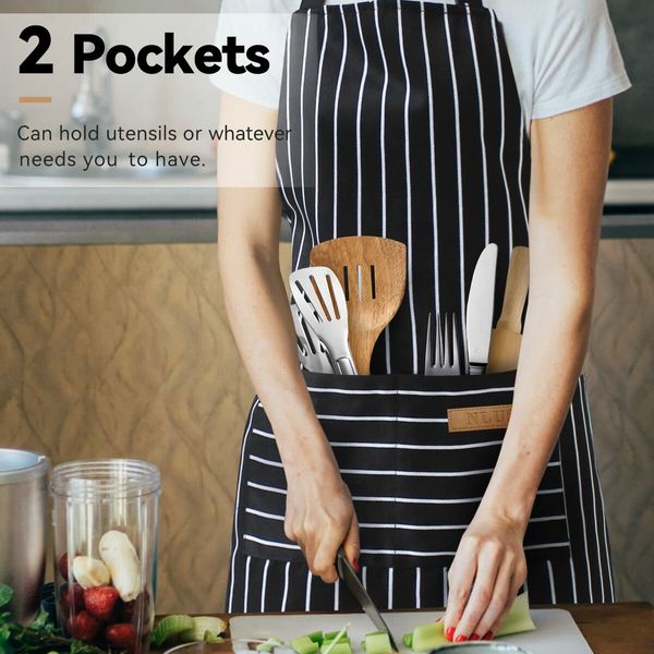 2 Pack Kitchen Cooking Aprons,Adjustable Bib Soft Chef Apron with 2 Pockets for Men Women (Black/Brown Stripes)