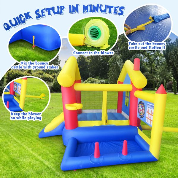 6 In 1 Air Bounce House Inflatable Bouncer Blower Jumping Castle Slide Backyard Kids Outdoor Play Station Basketball Ring Toss Dart Ocean Balls Kidbot