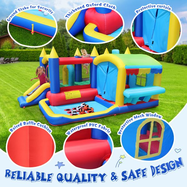 Inflatable Bounce House 8 In 1 Bouncer Outdoor Jumping Castle Air Blower Play Station Kids Family Party Slide Ball Pit Basketball Sun Shade Kidbot