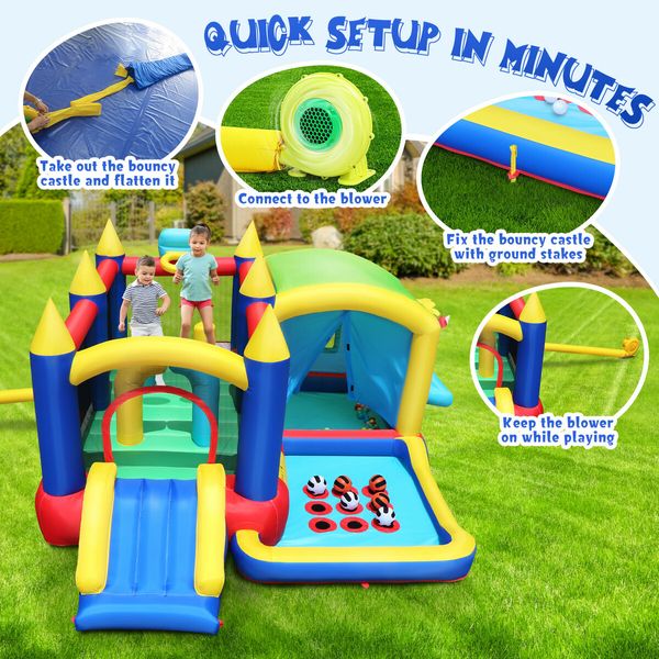 Inflatable Bounce House 8 In 1 Bouncer Outdoor Jumping Castle Air Blower Play Station Kids Family Party Slide Ball Pit Basketball Sun Shade Kidbot