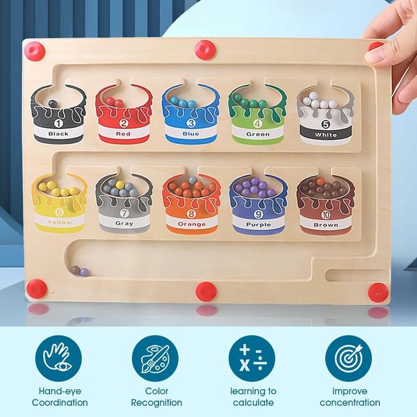 Magnetic Color and Number Maze, Wooden Magnet Maze Board Game Toys for 3 4 5 Years Old Preschool Learning Activities