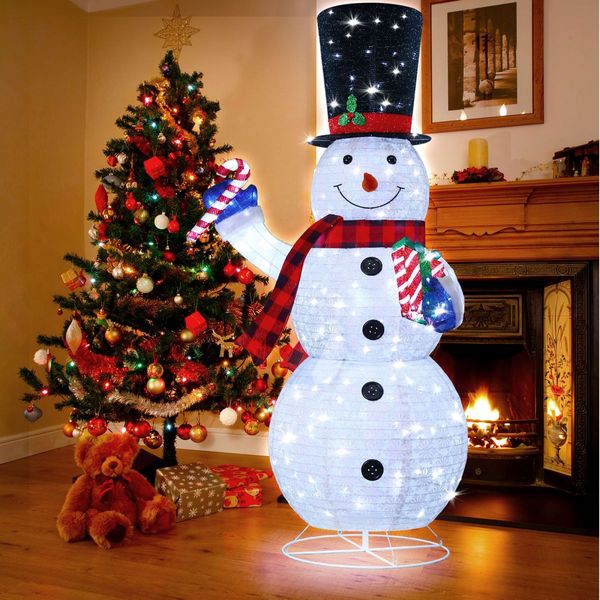 180cm Snowman Christmas Light Outdoor Decor LED Fairy String Ornament Top Hat Candy Cane Xmas Gift Box Collapsible Figurine Holiday 8 Flash Modes