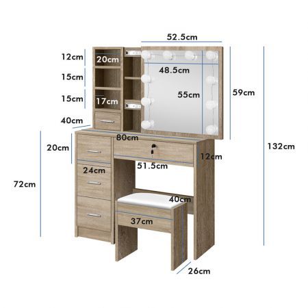 ALFORDSON Dressing Table Stool Set Makeup Storage Desk LED 10 Bulbs Oak