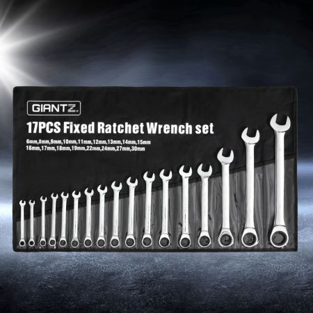 Giantz 17 PCS 6MM-30MM Ratchet Spanner Set Metric Open CR-V w/ Rolling Pouch