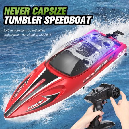 2.4G 4CH RC Boat High Speed LED Light Capsized Reset Speedboat Waterproof 25km/h Electric Racing Vehicles Lakes Pools Red