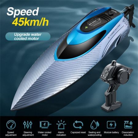 2.4G RC Boat Fast High Speed Capsized Reset LED Light Water Model Remote Control Toys RTR Pools Lakes Racing Two Battery Silver