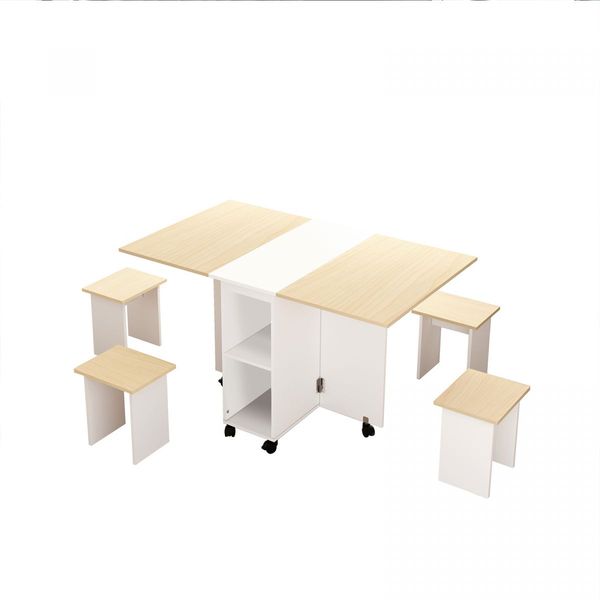 Folding Dining Table Set 4 Chairs Extendable Outdoor Home Furniture Room Kitchen Picnic Camping Modern Foldable Wooden 5 Piece with Wheels