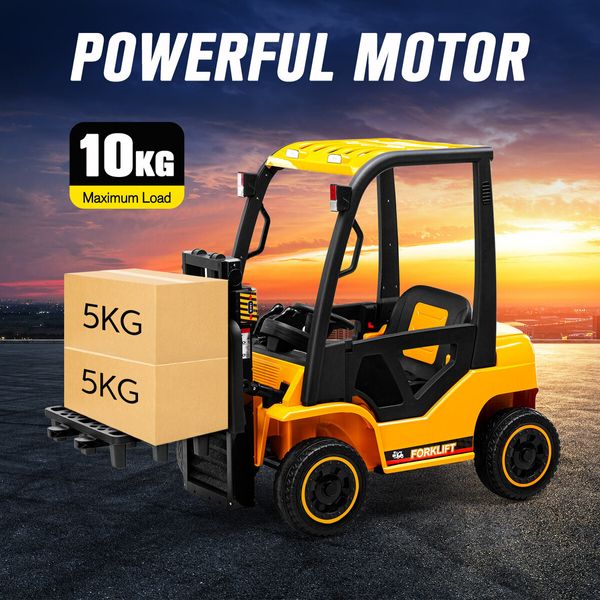 Kids Electric Forklift RC Car Ride On Toy Vehicle Off Road Truck 12V Battery with Parental Remote Control Liftable Forks Pallet Light MP3 Black