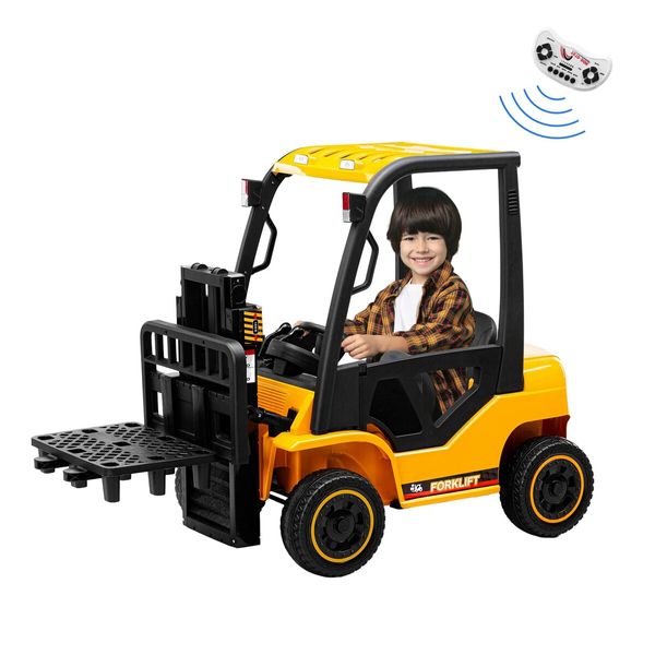 Kids Electric Forklift RC Car Ride On Toy Vehicle Off Road Truck 12V Battery with Parental Remote Control Liftable Forks Pallet Light MP3 Black