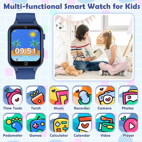 Smart Watch,Kids Smart Watch Boys Toys with 26 Puzzle Games,Touch Screen,HD Camera,Alarm Clock,Birthday Gift,Age 3+ (Blue)