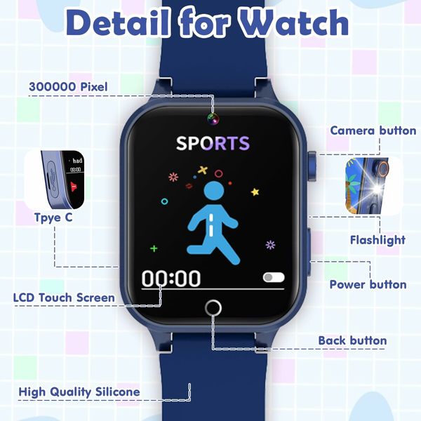 Smart Watch,Kids Smart Watch Boys Toys with 26 Puzzle Games,Touch Screen,HD Camera,Alarm Clock,Birthday Gift,Age 3+ (Blue)