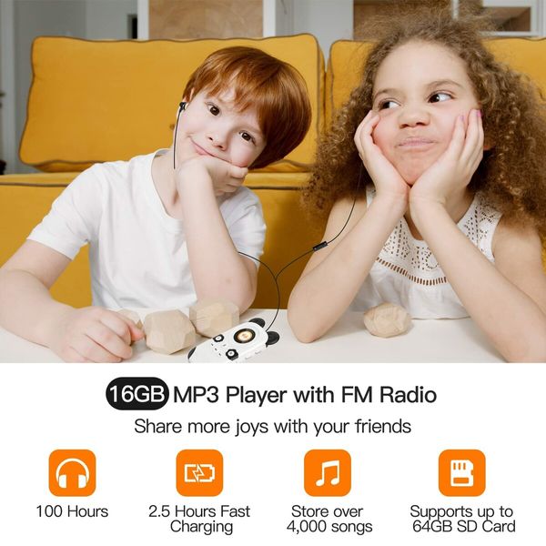 16GB MP3 Player for Kids,Cute Panda Portable Child Music Player with Bluetooth 5.0,Speaker,FM Radio,Voice Recorder,Alarm Clock,Stopwatch,Pedometer,Support up to 128GB