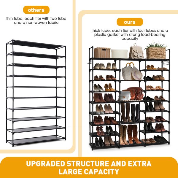 9 Tier Shoe Rack Storage Organiser 50 Pairs Shoes Shelving Entryway Closet Cabinet Display Space Saving Corner Shelf DIY Metal Stackable Hook