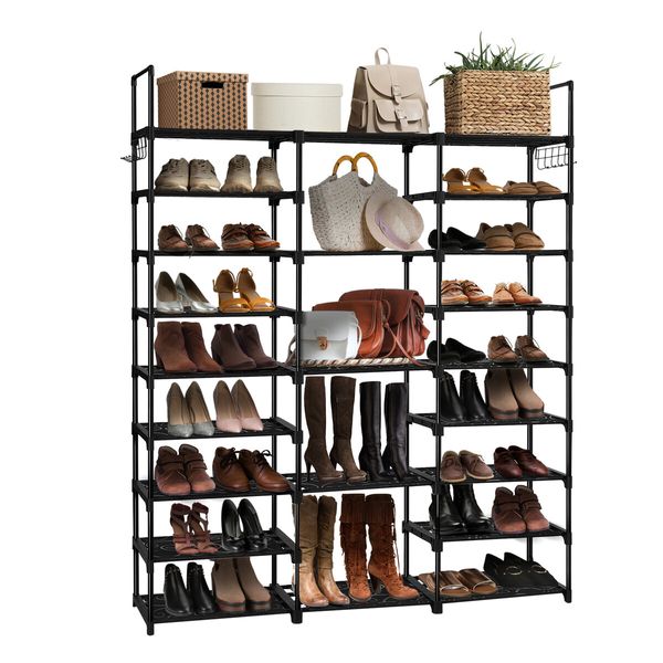 9 Tier Shoe Rack Storage Organiser 50 Pairs Shoes Shelving Entryway Closet Cabinet Display Space Saving Corner Shelf DIY Metal Stackable Hook