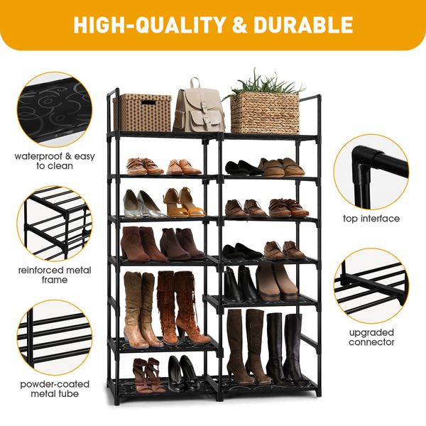 Shoe Rack 7 Tiers Storage Shelving 30 Pairs Shoes Boots Organiser Entryway Closet Cabinet DIY Display Stand Shelves Space Saving Unit Metal