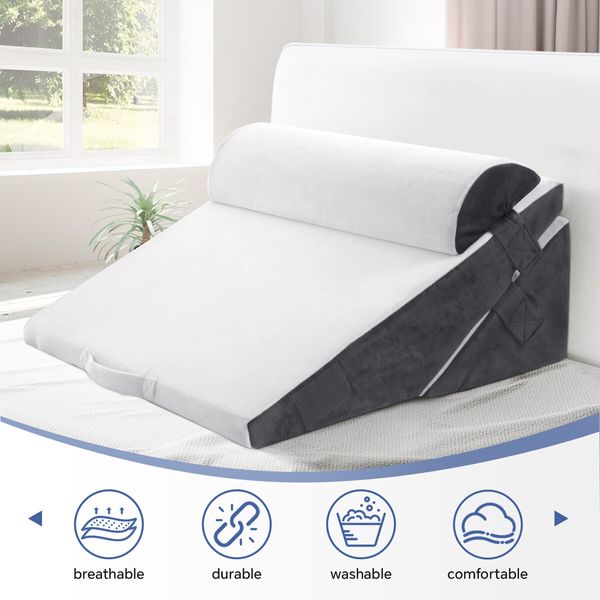 3 Piece Bed Wedge Pillow Set Neck Back Support Reading Sleeping Velvet Fabric Backrest Leg Elevation Cushion Grey