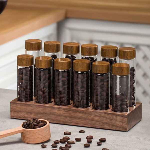 Walnut solid wood base 12 Tubes Single Dose Coffee Bean Storage wooden Holder Coffee Bean Cellar Dosing Glass Vials With Lids 2Oz Containers Display Stand And Funnel