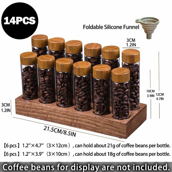 Walnut solid wood base 12 Tubes Single Dose Coffee Bean Storage wooden Holder Coffee Bean Cellar Dosing Glass Vials With Lids 2Oz Containers Display Stand And Funnel