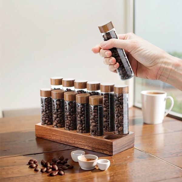 Walnut solid wood base 12 Tubes Single Dose Coffee Bean Storage wooden Holder Coffee Bean Cellar Dosing Glass Vials With Lids 2Oz Containers Display Stand And Funnel