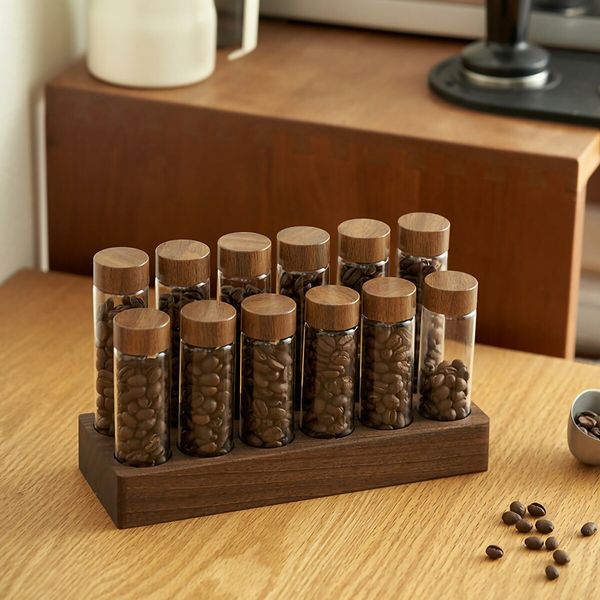 Walnut solid wood base 12 Tubes Single Dose Coffee Bean Storage wooden Holder Coffee Bean Cellar Dosing Glass Vials With Lids 2Oz Containers Display Stand And Funnel