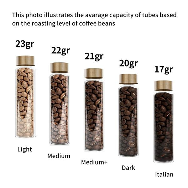 Single Dose Coffee Bean Storage Tubes Coffee Bean Cellar 12Pcs Dosing Glass Vials With Lids (2Oz) Wooden Display Stand And Funnel